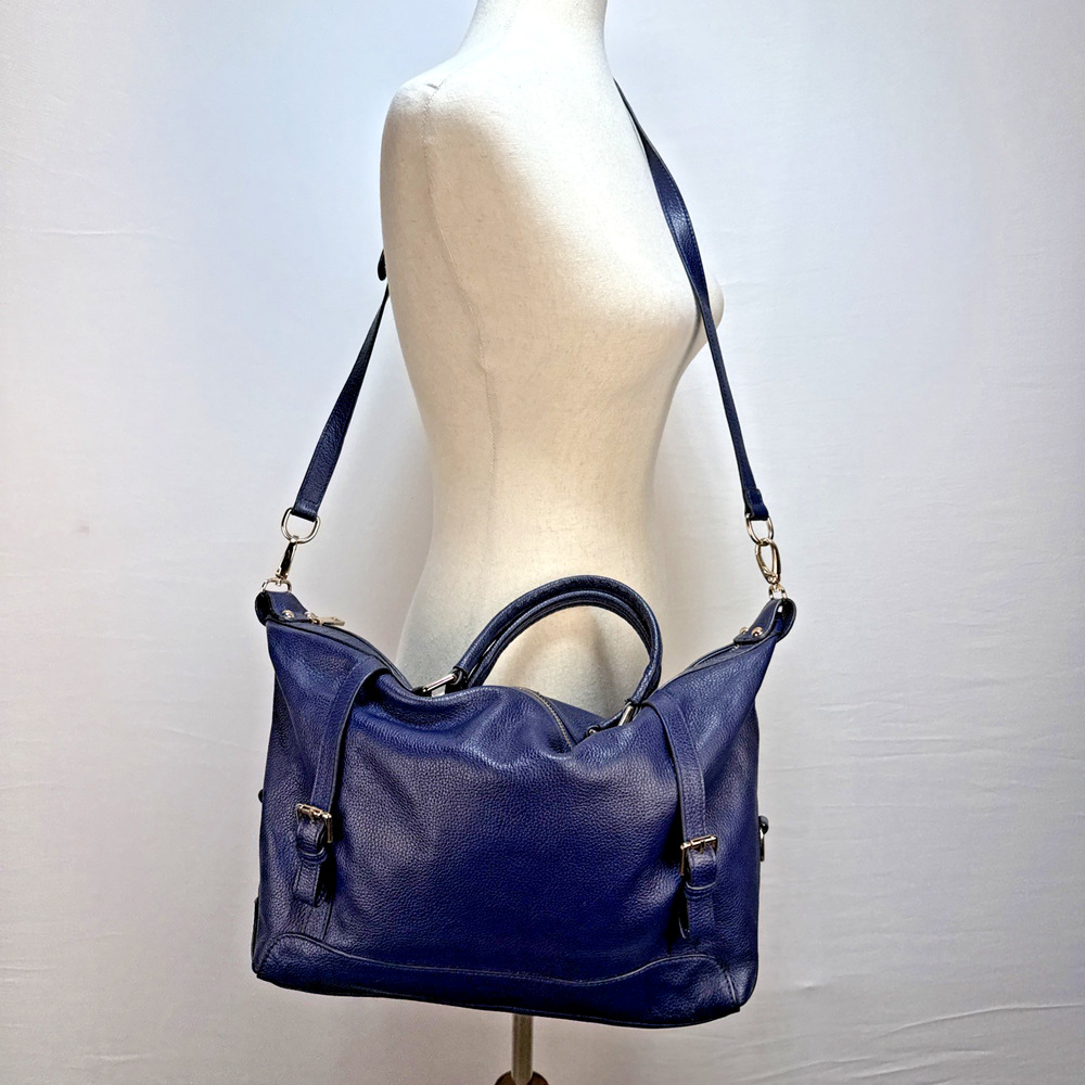 Ora Delphine Adele Satchel Bag Crossbody‎ Purse Royal Blue Pebbled Leather